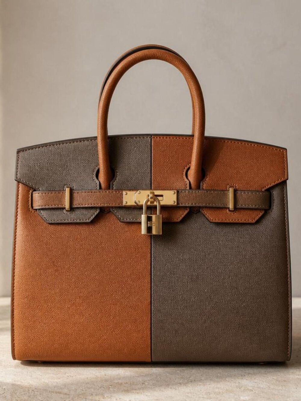 Famous Brand, Genuine Leather Custom Designer Handbag (Brown & Gray)